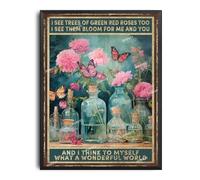 Vintage Art Tin Sign Butterfly What A Wonderful World Flowers Butterfly Vintage Art Wall Decor Sign for Streets Barbed Wire Fences Forests Gardens Door 12.00"x16.00" with Black Metal Framed