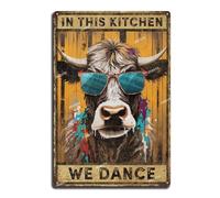 Vintage Art Tin Sign Cow in This Kitchen We Dance Signs Tin Signs for Bathroom Tin Sign Vintage Art Wall Decor Sign for Man Cave Garage Home Wall Decoration 8.00“x12.00"