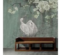 Vintage Art Tree Branches Birds White Flowers 3D Wallpaper Silky Texture Home Study Office Grey Dining Room Sofa Bedroom Living Room TV Backdrop-250cm×170cm