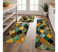 Vintage Artistic Kitchen Mats for Floor, Green and Gold Tiles Soft Mats, Cushioned Comfort Washable Non Slip Decor Rugs for Kitchen Sinks Laundryroom Bathroom 3Pcs