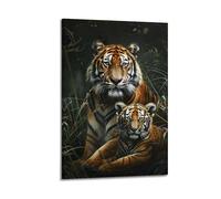 Vintage Artistic Tiger And Cub Canvas Poster Wall Art - Classic Animal Portrait Prints, Nostalgic Wall Decor for Living Room Cafe Leisure Area Man Cave Home Space 16x24inch(40x60cm)
