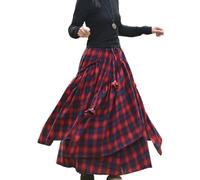 Vintage Asymmetrical Tiered Maxi Skirt, Double-Sided Plaid Pattern, A-Line Silhouette, Red, L (UK, Alpha, XXL, Regular, Regular, Red)
