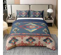 Vintage Aztec Style Duvet Cover Set 100% Cotton Ethnic Rustic Double Size Bedding Sets Vintage Geometry Exotic Comforter Cover for Adults Red Navy Blue Bedding with 2 Pillowcases(No Comforter)