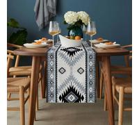 Vintage Aztec Table Runner 13x48 inch Ethnic Tribal Style Blue Grey Mottled Geometric Cotton Linen Dining Table Runner Ideal for Dresser Kitchen Coffee Tables - Machine Washable