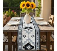 Vintage Aztec Table Runner 16x72 inch Ethnic Tribal Style Blue Grey Mottled Geometric Cotton Linen Dining Table Runner Ideal for Dresser Kitchen Coffee Tables - Machine Washable