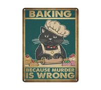 Vintage Baking Because Murder Is Wrong Metal Tin Sign, Retro Funny Black Cat Tin Sign Wall Decor Plaque Wall Art for Home Bathroom Cafes Bars Pubs Club Kitchen Garage Decoration 8x12 Inch