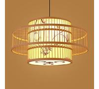 Vintage Bamboo Shade Pendant Lamp Chinese Weaving Hanging Lantern with Spotlight Rattan Chaner Lighting Fixture for Restaurant Kitchen Dining Room E27 (48x27cm)