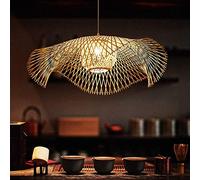 Vintage Bamboo Woven Hanging Lamp Natural Country Lighting Pendant Hand-Woven E27 Height Adjustable Villa Bedroom Living Room Decoration Chandelier, 55cm