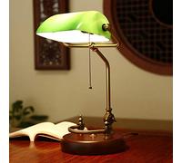 Vintage Bankers Desk Lamp, Green Glass Shade, Brass Finish, Adjustable Height, Pull Chain Switch, Solid Wood Base, Retro Traditional Lighting for Office and Reading Room