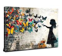 Vintage Banksy Style Canvas Wall Art Colorful Butterfly Picture Abstract Little Girl Painting Street Aesthetic Poster Animal Graffiti Artwork for Living Room Bedroom Bathroom Home Decorations 12x16"
