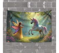 Vintage Bar Decor A Fairy Plays The Flute to A Unicorn in A Magical Forest Tapestry Men Cave Decor Door Decorations for Bedroom(100X150CM)