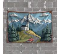 Vintage Bar Decor Mountain Serenity: Vintage Car Journey Through Pine-Lined Roads Tapestry Funny Home Decor Funny House Decor(100X150CM)