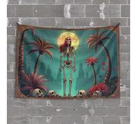 Vintage Bar Decor Skeleton with Red Hair Standing in Front of Palm Trees Under A Fu Tapestry Bar Man Cave Decor Wall Tapestry for Bedroom(100X150CM)