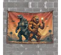 Vintage Bar Decor War of The Giants: Lion Vs. Godzilla Tapestry Bar Man Cave Decor Wall Tapestry for Bedroom(100X150CM)