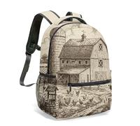 Vintage Barn and Grain Silo Print 16 Inch Backpack Rustic Farmhouse Etching Sketch Style Countryside Rural Travel Daypack (01)