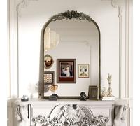 Vintage Baroque Arched Brass Wall Mirror with Handcrafted Resin Rose Molding - Antique Gold Frame