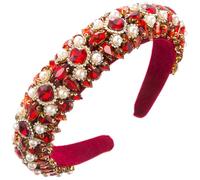 Vintage Baroque Headband Inlaid With Glass Diamond Pearls Temperament Full Diamond Hair Ornament Shiny Headband Women, Red
