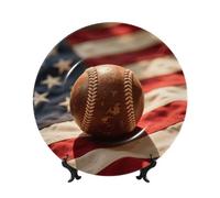 Vintage Baseball On American Flag Bone China Decorative Plate,8in（20cm） Ceramic Decorative Plates with Display Stand,Ceramic Ornaments Art Porcelain Plate for Home Office Wall Decor Collections Plates