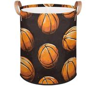 Vintage Basketball Sports Laundry Basket Foldable Basketball Sports Laundry Hamper Round Storage Basket With Handle For Bathroom/Laundry Storage/Bedroom Storage Basket