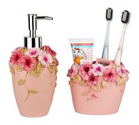 Vintage Bathroom Accessories Set with Flower Decor - Resin -Lotion Hand Soap Dispenser and Toothbrush Holder, 2pcs Pink Bathroom Accessory Set