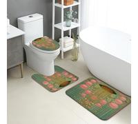 Vintage Bathroom Mat Sets 3 Piece, Retro Abstract Peach Circles Absorbent Non Slip Toilet Rugs U Shaped Washable, Artistic Quick Dry Memory Foam Bathroom Rug Set