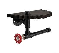 Vintage Bathroom Tissue Storage, Rustic Industrial Toilet Roll Holder with for Semi Circle Wooden Pipe Wall Shelf Bracket, Iron and Timber Wall Mount(A)