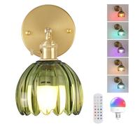 Vintage Battery Operated Wall Sconce, Rechargeable Wall Lamp with Remote Control & 12 RGB Colors - 3 Adjustable Color Temperatures, Dimmable Wireless Wall Lights for Bedroom Bathroom (Green Tulip)