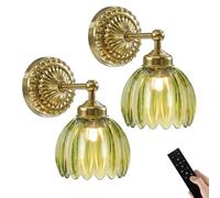 Vintage Battery Rechargeable Wall Lights Set of 2, Green Tulip Glass Shade