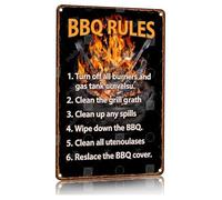 Vintage BBQ Rules Metal Sign Aluminum Tin Poster with Classic Grilling Safety Tips for Outdoor Kitchen Backyard Patio Bar Garage Art 8x12 Inch