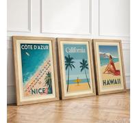 Vintage Beach Escapes Vintage Set of 3 Framed Wall Art Prints A4