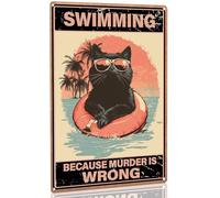 Vintage Beach Metal Sign Black Cat Swimming Because Murder Is Wrong Metal Tin Sign For Home Outdoor Indoor Office Bar Yard Decor 8x12 Inch