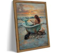 Vintage Beach Shells Wall Art, Black Cat Mermaid Canvas Print,16" L x 12" W