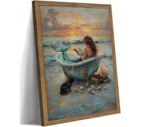 Vintage Beach Shells Wall Art, Black Cat Mermaid Canvas Print,16" L x 12" W | Cute Artwork of Cat Mermaid Reading in Bathtub, Charming Wall Decor for Bedroom and Bathroom, Framed