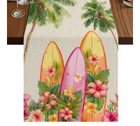 Vintage Beach Table Runner, Green Coconut Trees Pink Flower Surfboard Tropical Plant Cotton and Table Linen Runner for Kitchen Dining Home Decor for Party Festival Holiday Decoration Gift 13x70in