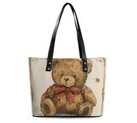 Vintage Bear Toy Leather Tote Bag for Women Work Shoulder Purses with Zipper Waterproof Large Computer Shoulder Bag Fashion Ladies Shoulder Handbag Reusable Shopping Bags