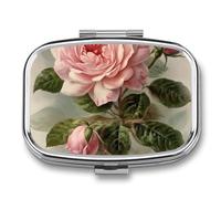 Vintage Beautiful Rose Pill Box 2 Compartment Portable Pill Case Daily Square Pill Organizer for Pocket Purse Daily Medicine Container to Hold Vitamins Fish Oil Travel Gifts