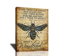 Vintage Bee Canvas Wall Art What A Wonderful World Motivational Quotes Wall Decor Rustic Farmhouse Prints Painting Bee Floral Pictures Retro Framed Artwork for Living Room Bedroom Bathroom 16"x20"