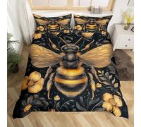 Vintage Bee Comforter Cover,Yellow Floral Honey Bee Print Duvet Cover Double for Kids Boys Girls Teen Room,Bohemian Flowers Bumblebee Bedding Set,Rustic Farmhouse Animals Bed Cover,Yellow Black