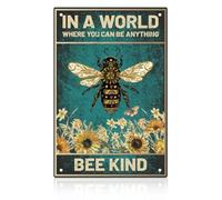 Vintage Bee & Flower Metal Sign - Bee Kind Retro Tin Wall Art for Man Caves, Homes & Rustic Decor