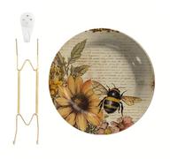 Vintage Bee Wall Plate with Stand 10.6 Inch Melamine Botanical Home Decor | Retro Decorative Round Plate for Kitchen Tabletop Home Wall Decor