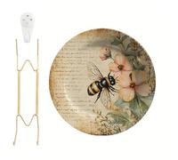 Vintage Bee Wall Plate with Stand 10.6 Inch Melamine Botanical Home Decor | Retro Decorative Round Plate for Kitchen Tabletop Home Wall Decor