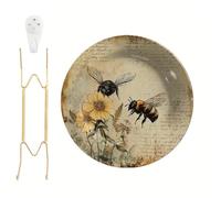 Vintage Bee Wall Plate with Stand 10.6 Inch Melamine Botanical Home Decor | Retro Decorative Round Plate for Kitchen Tabletop Home Wall Decor