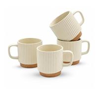 Vintage Beige Ceramic Coffee Mug Set - Ribbed Tea Cups 260 ml - 4 Piece Latte Set