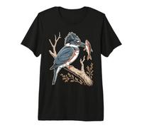 Vintage Belted Kingfisher Perched On Branch with Fish Premium T-Shirt