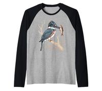 Vintage Belted Kingfisher Perched On Branch with Fish Raglan Baseball Tee