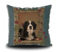 Vintage Bernese Mountain Dog Pillow Case with Flowers Photo Frame Throw Pillow Cover for Home Living Room Car Decor Linen 20x20 Inch