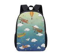 Vintage Biplane Print Backpack for Kids 17 Inch Cartoon Airplane School Bag Vibrant Sky Cloud Pattern Student Daypack (04)