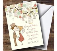 Vintage Birdcage Cute Couple Personalised Wedding Card - Personalised Wedding Day Card, Congratulations On Wedding Day Card For Bride & Groom