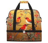 Vintage Birds Flowers Magpies Foldable Travel Duffel Bag Expandable Gym Bag with Shoe Compartment Large Capacity Weekender Bag Carry On Tote Bag for Travel Sports Overnight Trips