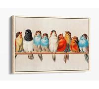 Vintage Birds On A Perch Decor Canvas Floater Frame Print Picture Art - Light Oak Frame 18 inch wide x 12 inch high